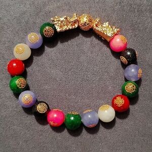 Multi Colored Jade Stretch Bracelet With Chinese Elements & Dragons YG plated